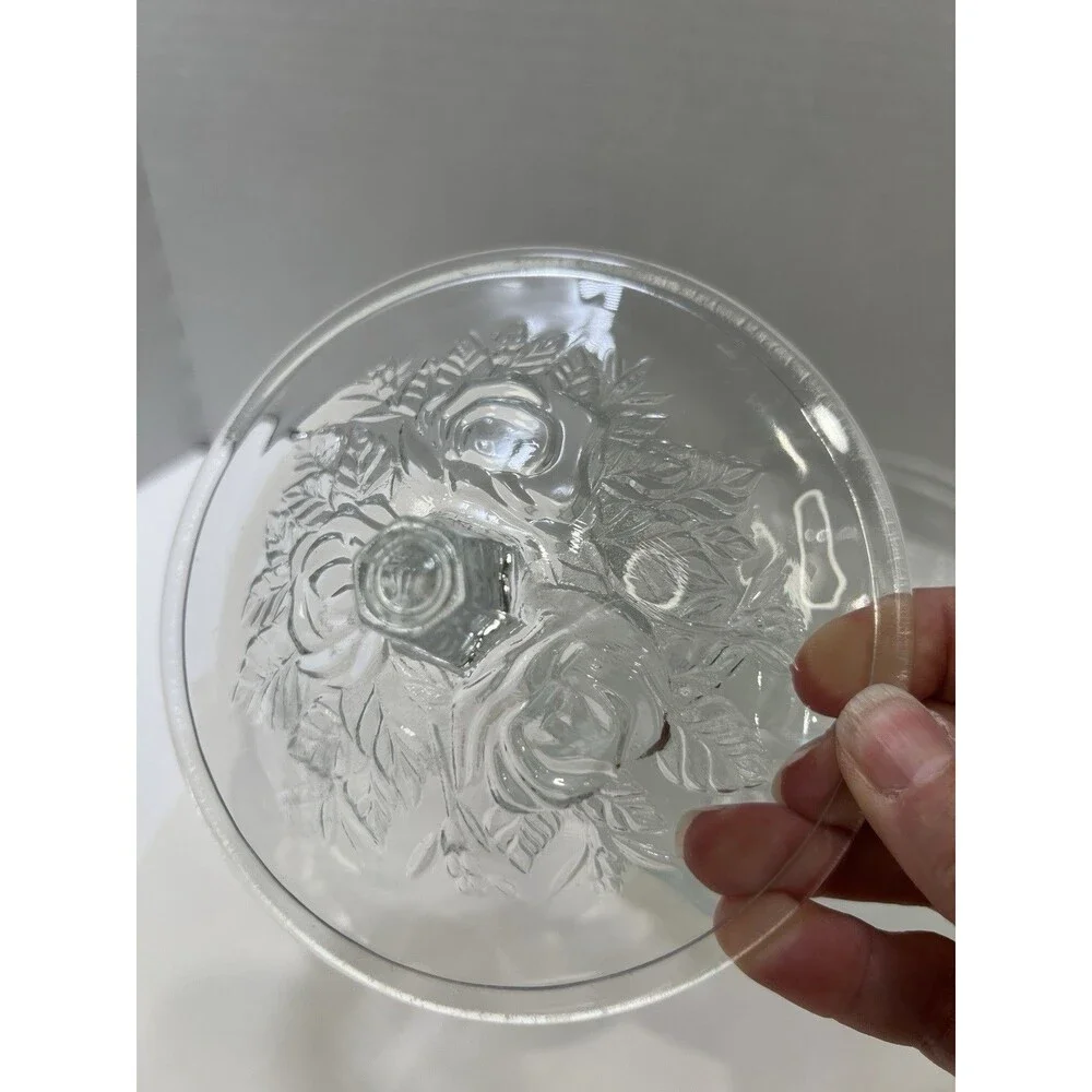 Vintage Pressed Roses Glass Candy  Dish Jar Lid 5 1/2” Underplate Frosted 8”